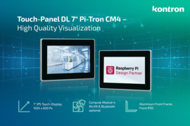 Grafik mit zwei Monitoren, ein Monitor zeigt eine Industrieumgebung,ein Monitor das Logo Raspberry Pi Design Partner und 3 Features des DL 7" Pi-Tron CM4 werden dargestellt und beschrieben 